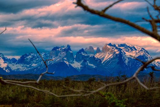 Picturesque evening view of Torres del Paine national park in south American Andes                   