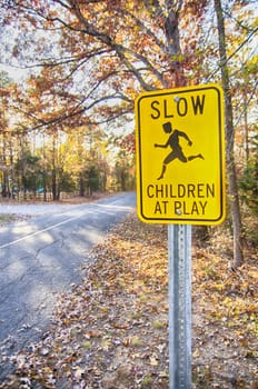 Yellow Slow Children at Play Road Sign and road