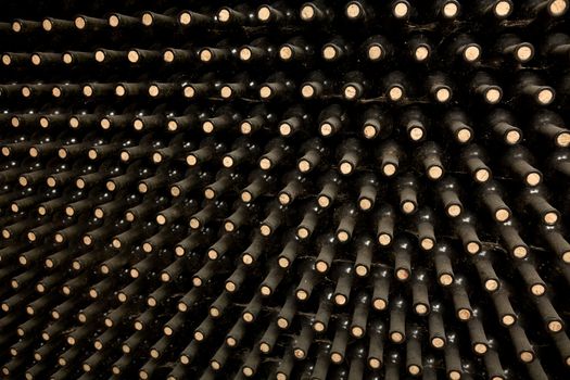 Old bottles of wine in rows in wine cellar.