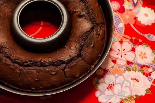Freshly baked Chocolate cake in a baking pan