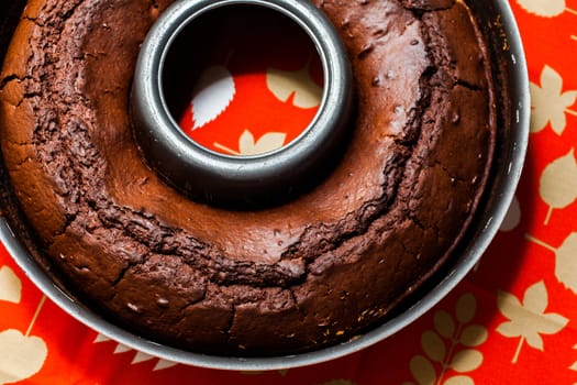 Freshly baked Chocolate cake in a baking pan