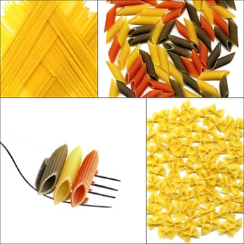 various type of Italian pasta collage on a square frame