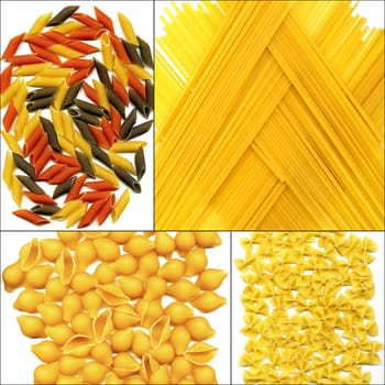 various type of Italian pasta collage on a square frame