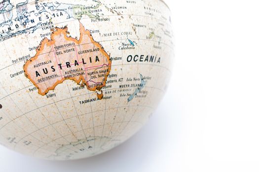 Part of a globe with map of Australia isolated on white background