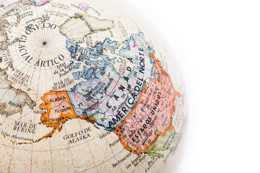 Part of a globe with map of Canada and USA isolated on white background