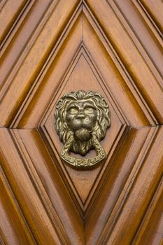 Lion Head Door Knocker on a wooden door.