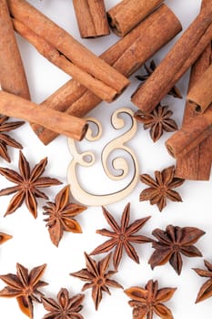 Star anise with cinnamon sticks isolated on white