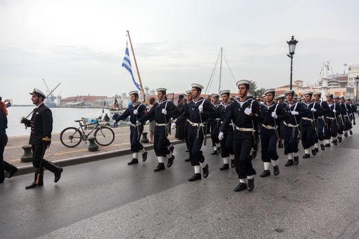 THESSALONIKI, GREECE - OCT 27:100th liberation anniversary from the City's 500 years Ottoman Empire Occupation; flown of the Greek flag on the White Tower on Oct 27, 2012 in Thessaloniki, Greece