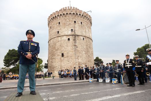 THESSALONIKI, GREECE - OCT 27:100th liberation anniversary from the City's 500 years Ottoman Empire Occupation; flown of the Greek flag on the White Tower on Oct 27, 2012 in Thessaloniki, Greece