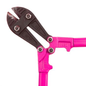 Close-up of an old pair of boltcutters on a white background