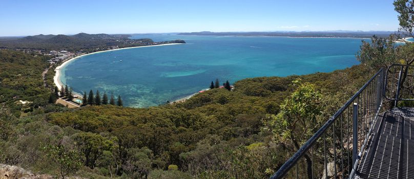 Panorama of Shoal Bay, Port Stephens, NSW Australia, scenic views from Mt Tomaree. Shoal Bay is a popular holiday destination on the mid-north coast where visitors relax in  pristine and tranquil environment.