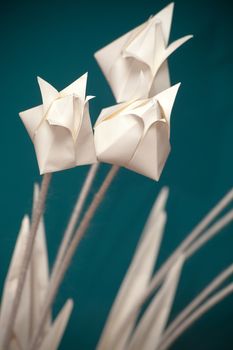 White origami flowers on a green background. Origami is the traditional Japanese art of paper folding, which started in the 17th century.