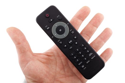 Hand holding TV remote control on white background