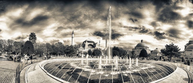 Wonderful view of Sultanahmet Square Fountain with Hagia Sophia on background - Istanbul, Turkey.