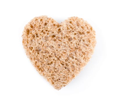 Piece of bread toast cut in shape of heart isolated on white background