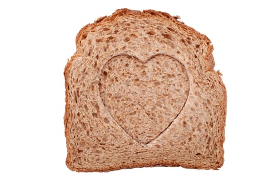 Piece of bread toast cut hole in shape of heart Isolated on white background