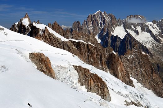 magnificent views of the steep snow-covered cliffs in the Swiss Alps