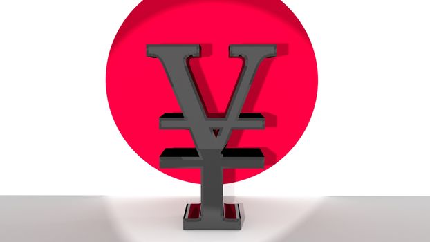 Currency symbol for japanese Yen, made of dark metal, in front of japanese flag