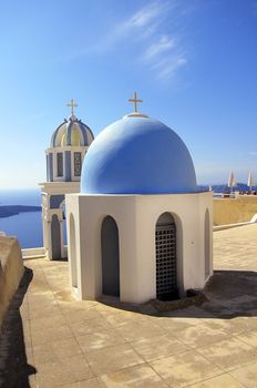 scenic view in white-blue colors on the Santorini island, Greece