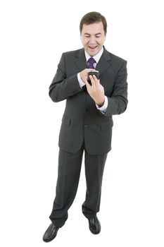 young business man happy at the phone, isolated