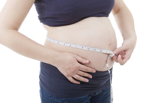 Closeup of pregnant woman at white background