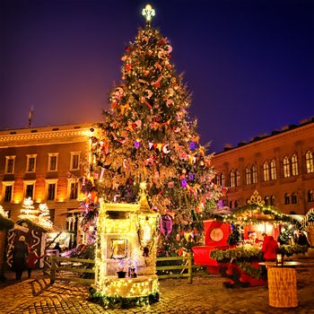 European Christmas market square in the evening Riga