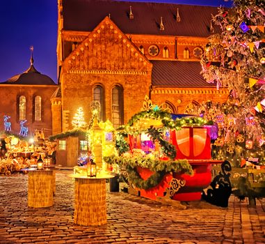 European Christmas market square in the evening Riga