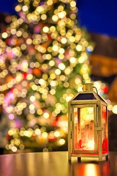  Lantern at european Christmas market in front of Christmas tree and Cathedral