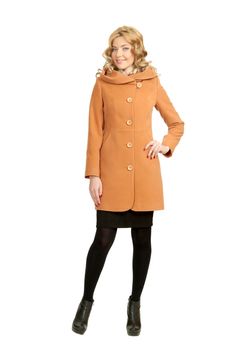 The girl in a yellow autumn coat on a white background
