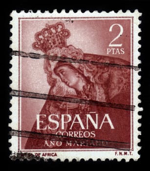 Spain - CIRCA 1954: A stamp printed in Spain, shows image of Our Lady of Africa, Tenerife, Series Maria Year,circa 1954