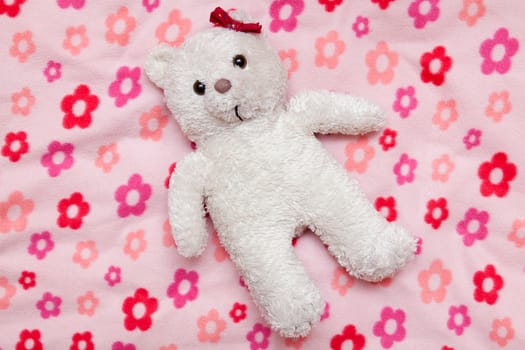 Little fluffy teddy bear on pink blanket