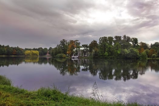 picturesque landscape with pond in Pavlovsk park, Saint Petersburg, Russia
