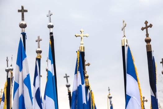 100th liberation anniversary from the City's 500 years Ottoman Empire Occupation; flown of the Greek flag on the White Tower in Thessaloniki - Greece