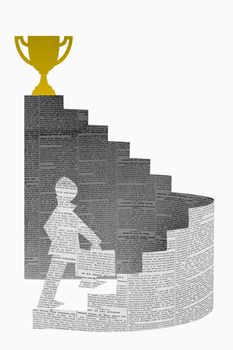 Businessman stepping up a staircase. Model made with Newspsper