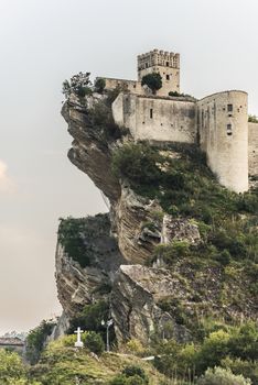 the spectacular view of the fortress on the rock in Roccascalegna in Abruzzo, Italy