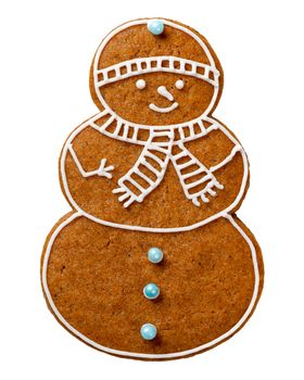 Gingerbread cookie for Christmas isolated on white background. Snowman shape cookie
