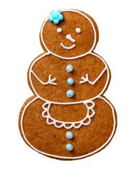 Gingerbread cookie for Christmas isolated on white background. Snowwoman shape cookie
