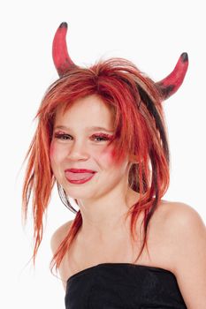 Portrait of a Young Girl in Wig and Horns Posing as Devil