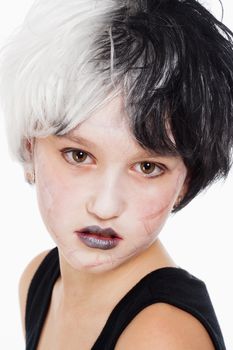 Portrait of a Young Girl in Wig and Scary Makeup