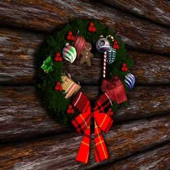 Christmas wreath on a wooden wall background