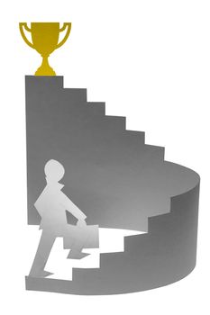 Businessman stepping up a staircase towards a Victory