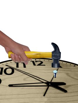 Hammer in Human Hand Hitting Nail in Clock, Concept