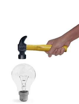 Hammer in Human Hand hitting a Light Bulb