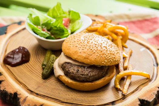 Delicious burger with beef, tomato, lettuce and fries. selective focus