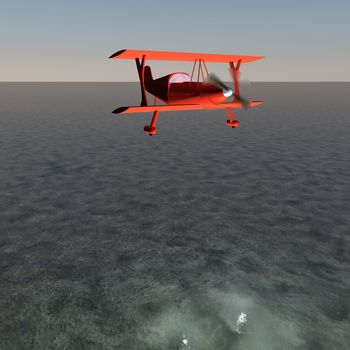 Red biplane flying over water, 3d render