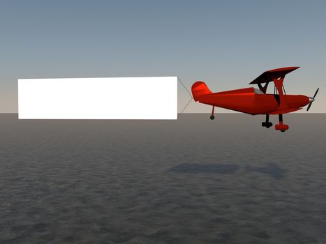 Red biplane with white banner, 3d render