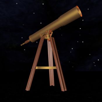 Bronze telescope over starry sky, 3d render