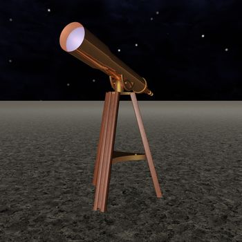 Bronze telescope over starry sky, 3d render