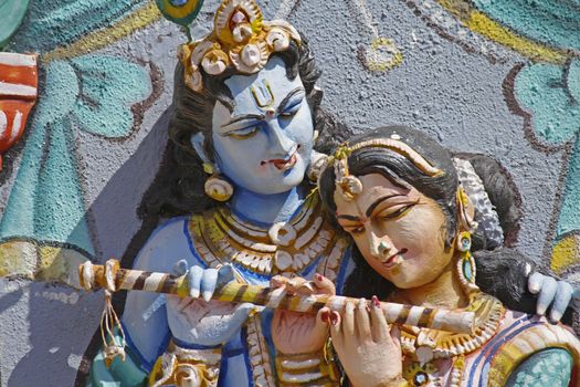 Sculpture of Radha Krishna at Shrinath Mhaskoba Temple, Kodit, Sasvad, Maharashtra, India. Radha Krishna are collectively known within Hinduism as the combination of both the feminine as well as the masculine aspects of God. Krishna is referred as svayam bhagavan in Gaudiya Vaishnavism theology and Radha is Krishna's supreme beloved.