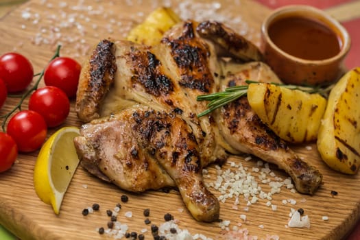 Grilled Chicken Plate in a restaurant. selective Focus